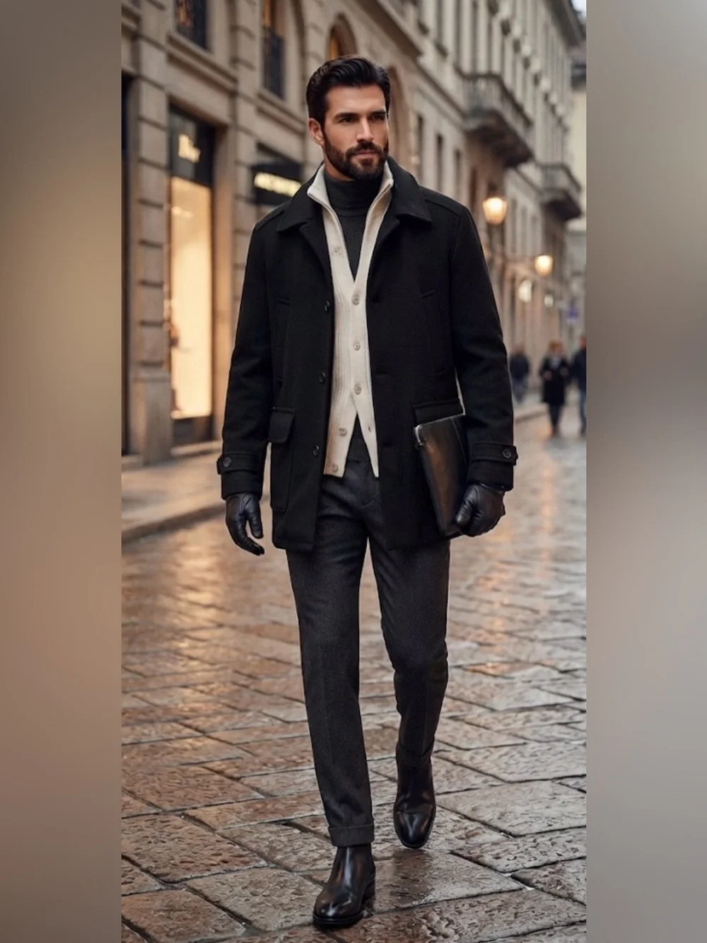 Men's Navy Wool Pea Coat with Zip-Front Layer